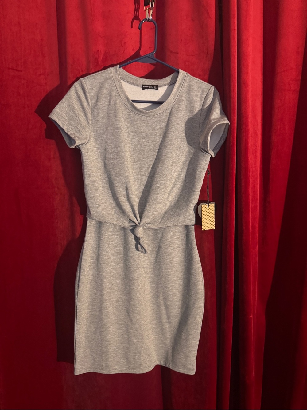 Grey Knot-Front Short Sleeve Midi Dress